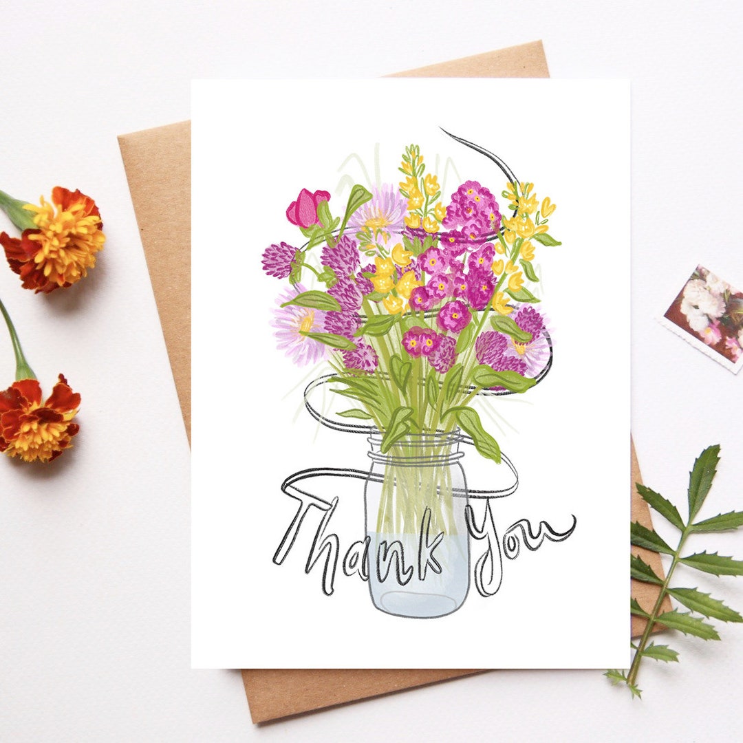 Flowers in a Jar Thank You Card, Floral Illustrated Greeting Card ...