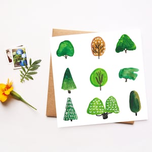 Árvores de final de verão, cartão de felicitações, aquarela, Nova Inglaterra, natureza, cartão em branco, só porque, papelaria, impressão artística, árvores ilustradas