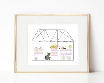 Floral Greenhouse, Botanical Illustration, Floral Art Print, Nature Lover Gifts, for Plant Lovers, Gifts for Her, Wall Art, Home Decor