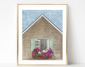 Maine Cottage Illustration, Rustic Art Illustration, Cape Cod New England Wall Art, Summer Home Decor, Beach House Illustrated Art Print