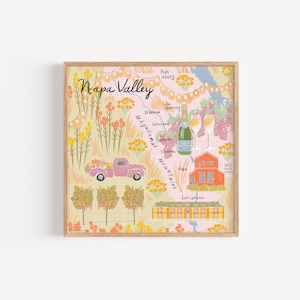 Kaart van Napa Valley, illustratie van wijnland, wijnmakerijen Californië, geïllustreerde kunst, wanddecoratie, huwelijksreiscadeau, huwelijkscadeau, reiskunst
