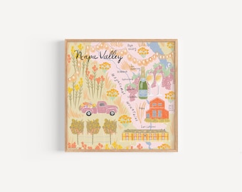 Puede incluir: Un mapa ilustrado colorido del Valle de Napa, California, con una camioneta rosa, un edificio de bodega roja y dos copas de champán. El mapa incluye el texto "Napa Valley" y "Mayacamas Mountains".
