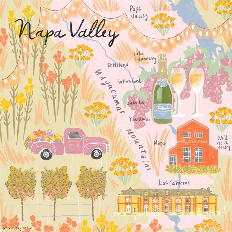 May include: A hand-drawn map of Napa Valley, California, with a pink pickup truck, a red building, and a yellow building. The map shows the names of different wine regions, including Rutherford, Oakville, and Yountville. The map also includes a bottle of champagne and two glasses.