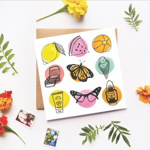 Vibrações de verão, felizes férias de verão, aquarela, cartão de felicitações, cartão ilustrado em branco, design de verão, cores de verão, acampamento, viagens
