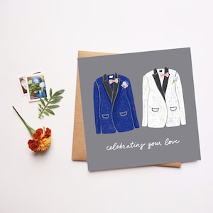 Dos tuxes, tarjeta de boda LGBTQ, felicitaciones, lesbianas bisexuales bisexuales transgénero queer, pareja feliz, ilustración de la boda, el amor es el amor