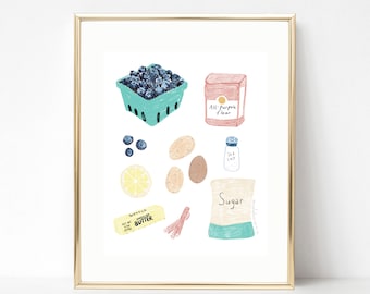 Blueberry Pie Recipe Illustration, Kitchen Art, Wall Art Print, Home Decor, Recipe Art, Gifts for Mom, for Grandma, Mother in Law, Food Art