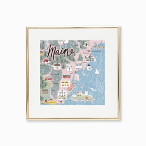 Coastal Maine Map, Southern Maine Illustration, Ogunquit, York, Kennebunkport, Wells, Nubble Lighthouse, Illustrated Art, Gift, Summer Decor