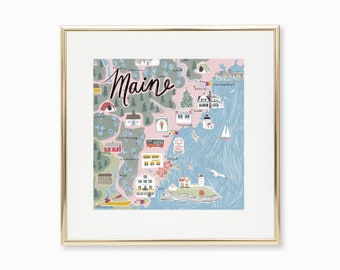 Coastal Maine Map, Southern Maine Illustration, Ogunquit, York, Kennebunkport, Wells, Nubble Lighthouse, Illustrated Art, Gift, Summer Decor