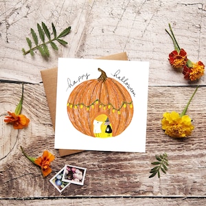Happy Halloween Card, Trick or Treat, Illustration de citrouille, Cartes effrayantes, Illustration d’animaux mignons, Cartes de vœux d’automne, Cartes vierges
