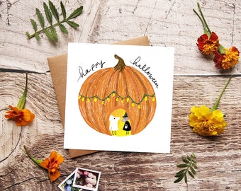 Biglietto di Halloween felice, Dolcetto o scherzetto, Illustrazione di zucca, Biglietti spettrali, Illustrazione di animali carini, Biglietti di auguri autunnali autunnali, Biglietti vuoti