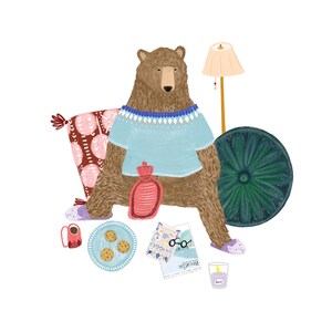 May include: A brown bear wearing a blue sweater and slippers sits on a pink and red patterned cushion. The bear is holding a red hot water bottle. There is a green round decorative object, a cup of coffee, a plate of cookies, a pair of glasses, a magazine titled "Breathe" and a glass of water on the floor.