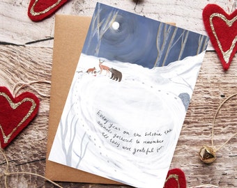 Animali solstizio d'inverno, biglietto d'auguri illustrato per le vacanze, alberi invernali, felice anno nuovo, buon Natale, arte dell'illustrazione, biglietto d'auguri