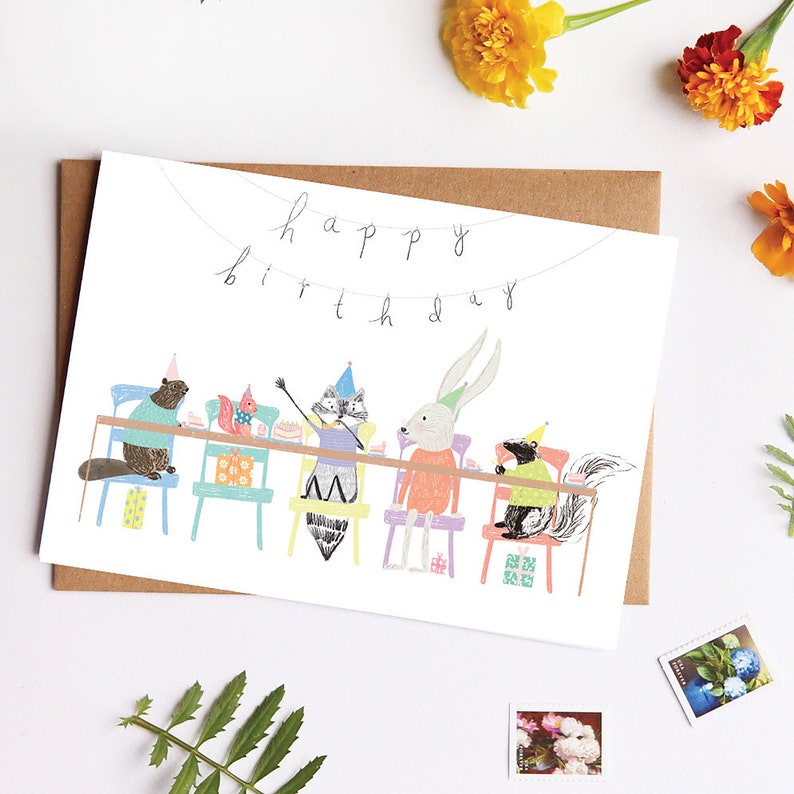 Birthday Celebration Party Animals, Happy Birthday To You Card, Card for Friends, For Children, Cute Animal Illustration, Animal Themed Card image 1