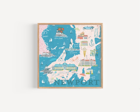Newport RI Map Illustration, Rhode Island Illustrated Map, Newport Wedding Gift