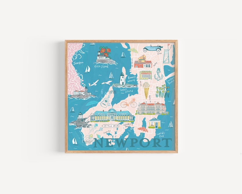 Newport RI Map Illustration, Rhode Island Illustrated Map, Newport Wedding Gift image 1
