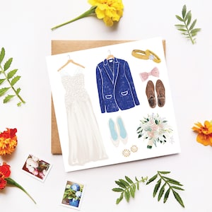 Cartão de parabéns de casamento, casal feliz, ilustração de casamento de verão, algo antigo novo emprestado algo azul, cartão ilustrado, eu faço