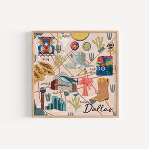 Ilustración del mapa de la ciudad de Dallas, arte del suroeste, Texas ilustrado, viajes por EE. UU., estilo suroeste, impresiones de arte mural, regalos de arte de viaje, decoración de pared