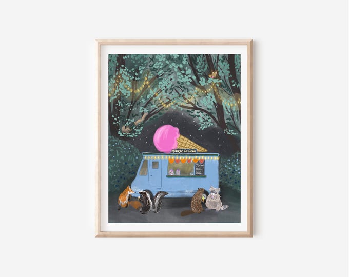 Midnight Ice Cream Magical Forest Animals Illustration, 11x14 Kids Art Print, Wall Art for Kids Room or Nursery