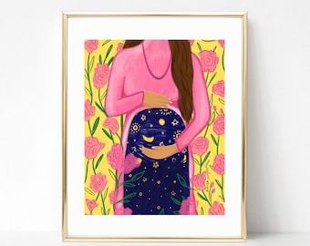 Linda arte impressa para mamãe grávida, parabéns pela gravidez, presente para chá de bebê, presente para doula, arte floral, ilustração para mãe
