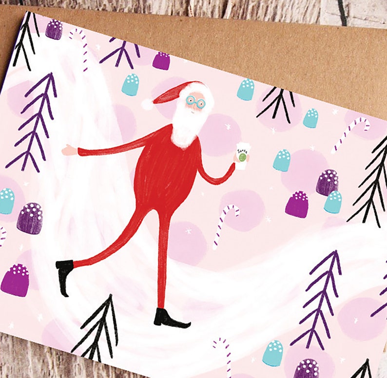 Santa Walking Through Gumdrop Forest with Latte, Merry Christmas Card, Cute Santa, Starbucks Christmas Card, Happy Holidays Coffee Lover image 2