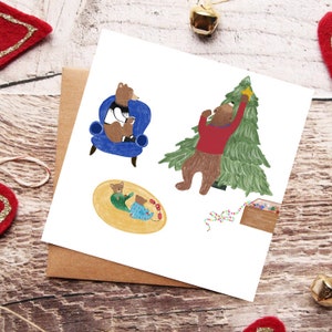 Christmas Bears, Family Holiday Greeting Card, Merry Christmas, Decorating Tree, Bear Illustration, Art Print, Illustrated Card, Watercolor image 2