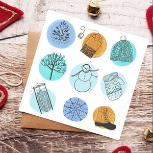 Cartão de felicitações de férias de inverno, feliz dia de neve, boneco de neve, floco de neve, design, impressão artística, cartão ilustrado, cartões em branco, pintura em aquarela