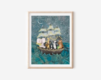 Animal Tall Ships Musical Jamboree, Wild Animal Illustration for Kids Toddler Room or Nursery, Nautical Kids Print, Magical Animal Wall Art
