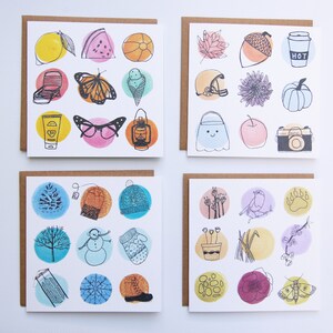 Set de tarjetas de felicitación de diseño de temporada, ilustraciones de temporada, otoño, invierno, primavera, tarjetas de verano, tarjetas ilustradas, regalos menores de 20 años