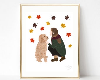 Autumnal Print, Dog Illustration, Folk Art Print, Art Gift, Animal Illustration, Wall Art Decor