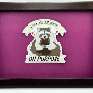 May include: A framed print with a purple background featuring a raccoon sticker with the text "I think I will cause problems on purpose".