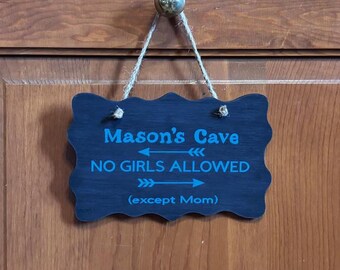 personalized girls room No girls allowed except Mom. Wood, Hand Painted, Hanging, Kids room decor. 7.5"x5".