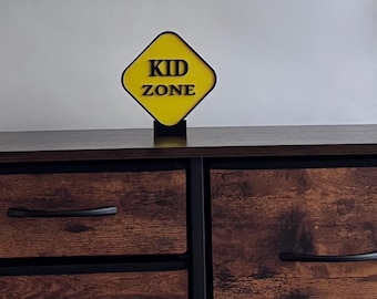 3D Printed Kid Zone Sign, playroom shelf sign, Light Weight. 5.25" x 4.9" x .28" Stand Included.