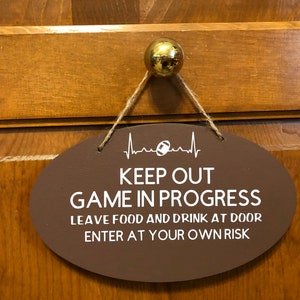 Football Keep out game in progress, Wood, Hanging sign, Vinyl lettering, Hand painted. 8.5&quot; x 5&quot;.