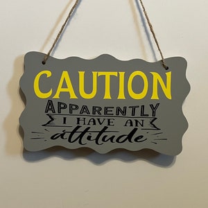 Caution, Apparently I have an attitude. Wood, Hand Painted, Vinyl Lettering. 8.5&quot;x5&quot;.
