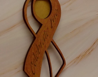 Celebrate Life Ribbon. Wood,Laser cut Ribbon, Light stain, Small picture can be placed in middle (1.5"x1.75).In loving memory of. 7.5"x3.5".