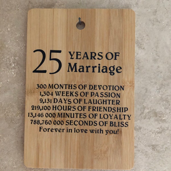 25 years of marriage. Bamboo cutting board. Vinyl lettering. Fun kitchen Decor. 8.5" x 5.5"