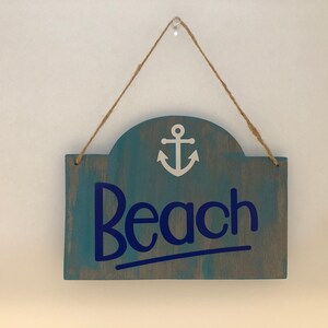 Beach, Wood, Hanging beach sign, Hand painted, Vinyl lettering, Fun Beach sign. 7.5&quot; x 5.5&quot;.