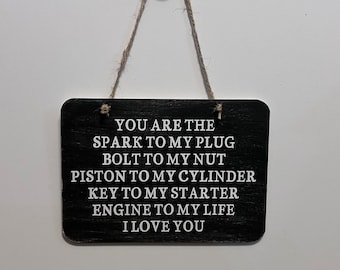 Mechanics sign. Wood, Hanging, Hand Painted Black, White Vinyl Lettering, Mechanics sign, Love my mechanic. 6.5"x4.5".