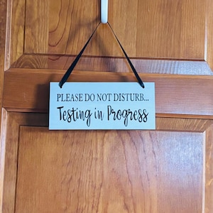 May include: A rectangular wooden sign with the text "PLEASE DO NOT DISTURB... Testing in Progress" in black script. The sign is light blue and hangs from a black ribbon on a wooden door.