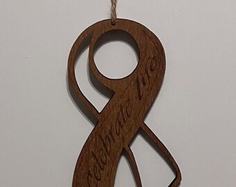 Celebrate Life Ribbon. Wood, Laser cut Ribbon, Light stain, Small picture (1.5"x1.75), In loving memory of. 7.5" x 3.5".