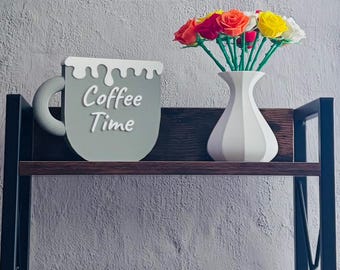 3D Printed Coffee Cup Sign, Cozy Kitchen Shelf Decor, Coffee Bar Accent, Coffee Time. (4"x5")