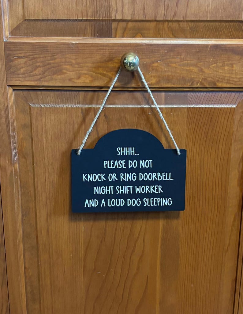Night Shift Worker Door Sign, Please Do Not Knock or Ring Doorbell, Sleeping Dog Sign, Do Not Disturb Hanging Wood Sign. 7.5"x5.5" image 1
