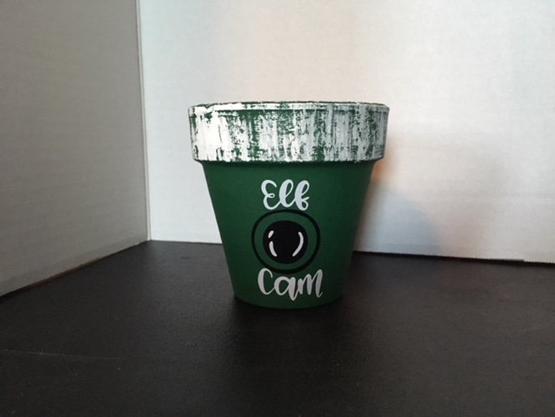 vinyl lettered flower pot hand painted Elf Cam