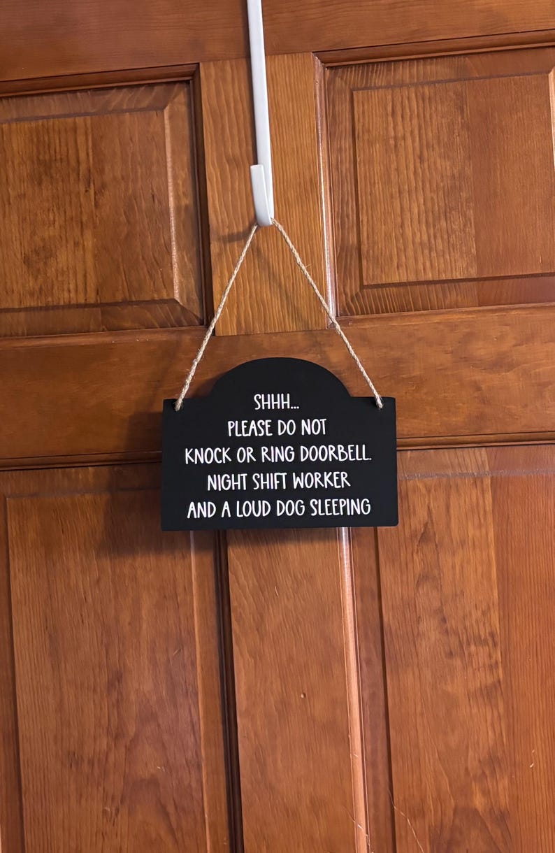 Night Shift Worker Door Sign, Please Do Not Knock or Ring Doorbell, Sleeping Dog Sign, Do Not Disturb Hanging Wood Sign. 7.5"x5.5" image 2