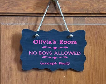 personalized girls room No boys allowed except dad. Wood, Hand Painted, Hanging, Kids room decor. 7.5"x5".