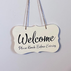 Welcome Please knock before entering. Wood, Hand Painted, Vinyl Lettering, Welcome sign, Please Knock. 7&quot; x 4.5&quot;.