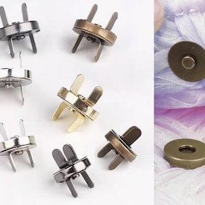 May include: Assortment of magnetic snap closures in silver, gold, and bronze finishes. The snaps have a round base and two prongs on each side. The snaps are used for sewing and crafting projects.