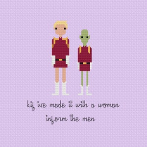 May include: A pixel art illustration of two characters from the animated series Futurama. The characters are Kif Kroker and Leela. Kif is a tall, thin, green alien with a red uniform and a yellow belt. Leela is a human with blonde hair and a red uniform with a yellow belt. The text below the characters reads "Kif, we made it with a woman. Inform the men."
