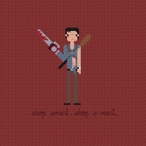 May include: A pixel art illustration of a man holding a chainsaw and a baseball bat. The man is wearing a blue shirt and brown pants. The text "shop smart, shop s-mart." is below the image.