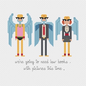 May include: Three pixel art characters with wings, wearing yellow hats and sunglasses. The text below reads "we're going to need  our books, with pictures this time."